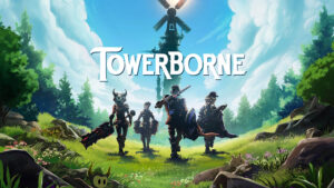 Four armored heroes stand in the foreground, a tower behind them. A blue sky with clouds and green grass is the background, with mossy rocks and small creatures peaking out from the bottom.