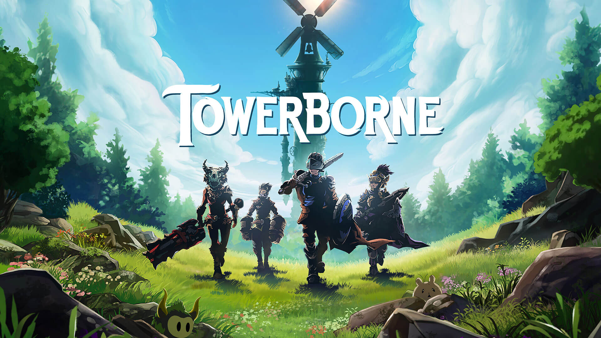 Four armored heroes stand in the foreground, a tower behind them. A blue sky with clouds and green grass is the background, with mossy rocks and small creatures peaking out from the bottom.
