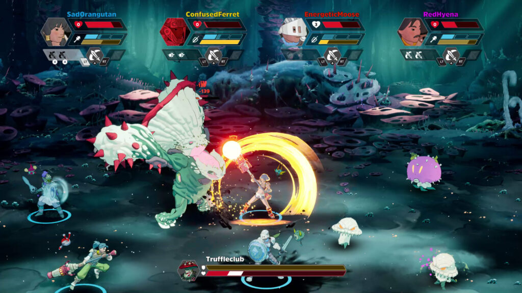 Four players engaging in an intense multiplayer battle against various spore creatures.