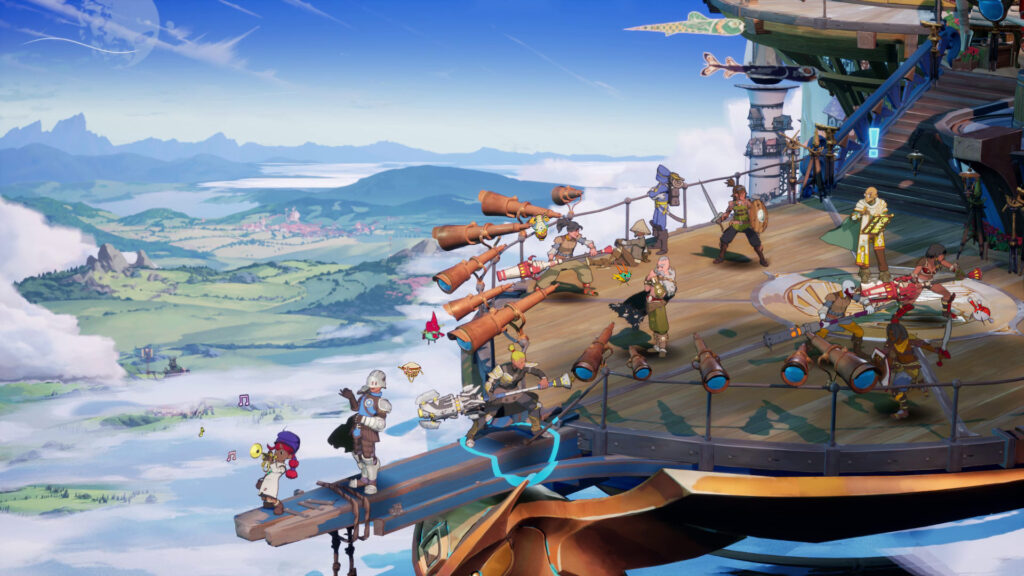 Players dressed in a variety of armor stand at the bow of a ship high in the air, overlooking a sweeping vista. At the very head of a wooden bowsprit, a young girl with bright red hair plays the trumpet.