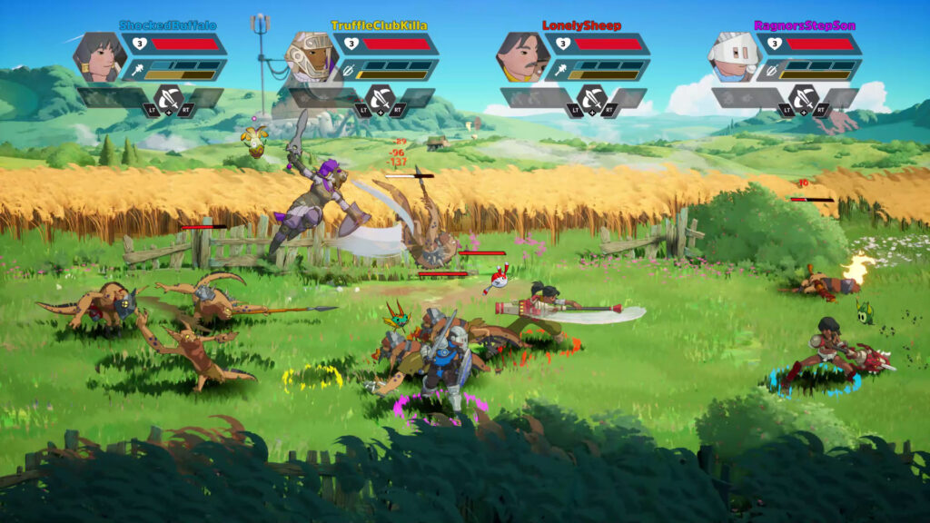 밝고 푸른 밀밭에서 네 명의 플레이어가 다양한 도깨비 같은 생물들을 상대로 멀티 플레이어 전투를 벌이고 있습니다.