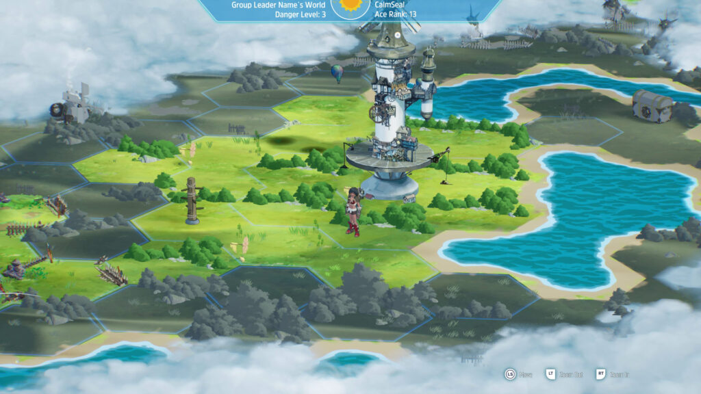 A player standing on a lush world map, dotted by forests, lakes, clouds, and rock formations. The world map is divided into hexagonal areas, with a clockwork tower at its center.