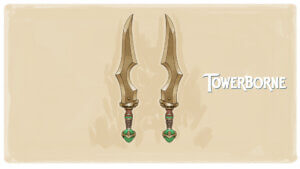 Two finely crafted daggers adorned with striking green and gold embellishments.