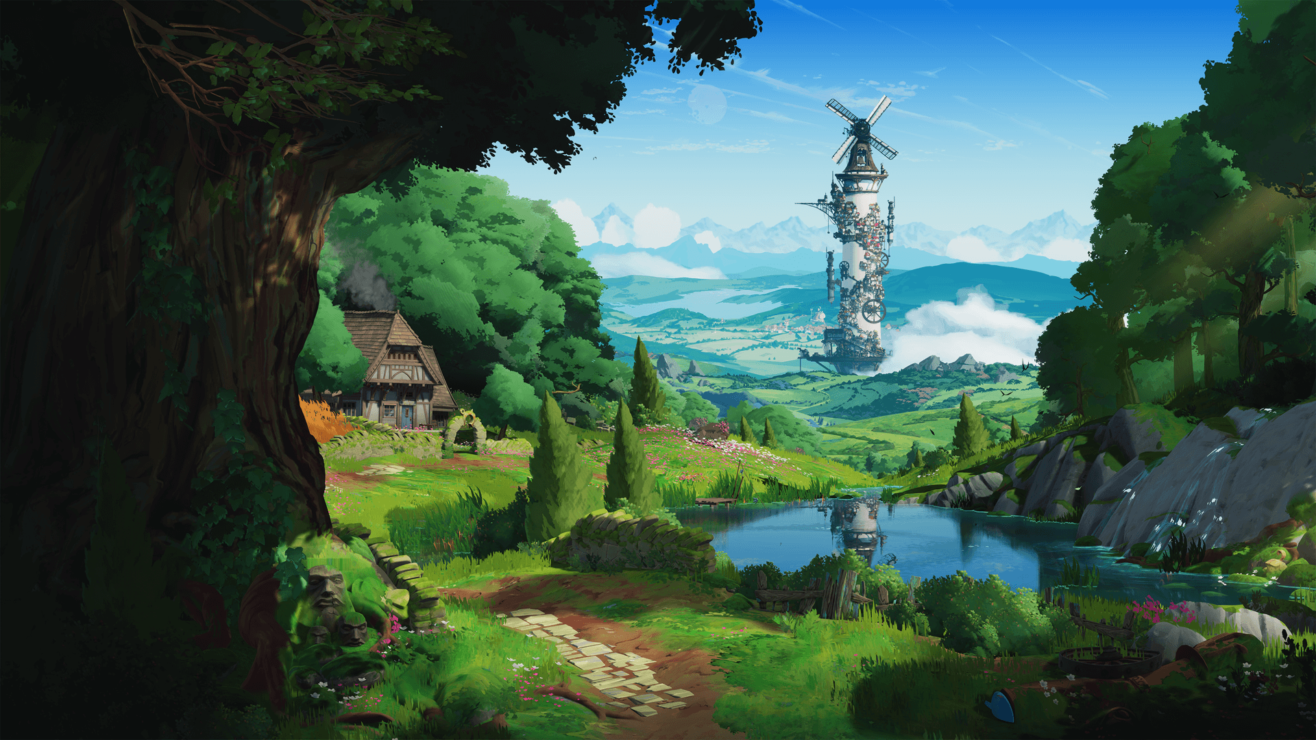 Scenic landscape with lush greenery, and a towering structure in the distance, featuring a windmill and intricate details.