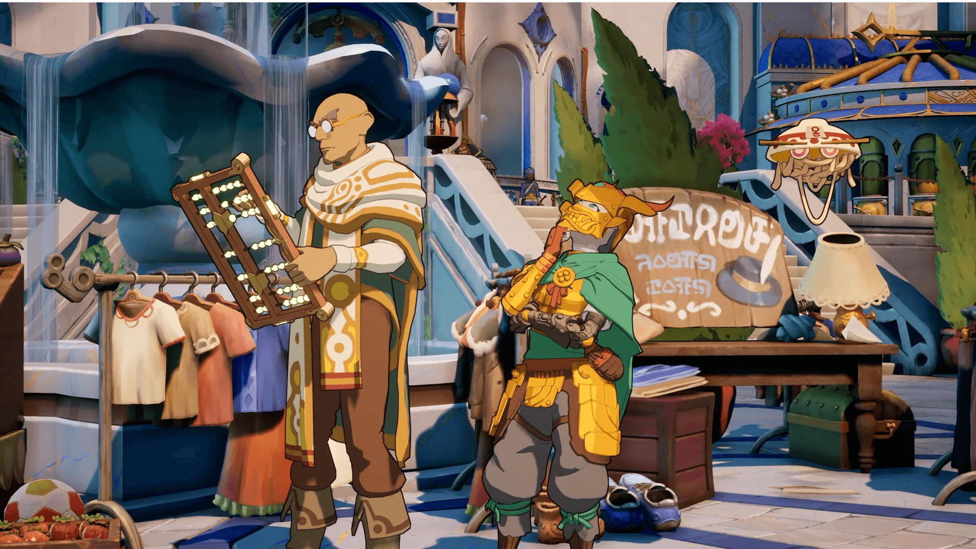 The image is a screenshot from a game, featuring a colorful and detailed marketplace or town square setting. In the foreground, two characters are prominently displayed. The character on the left is an older man with glasses, dressed in ornate robes with intricate patterns. He is holding and examining a large abacus, suggesting that he might be a merchant or scholar. The character on the right is shorter, wearing a green cape and golden armor with a helmet that has ear-like protrusions. This character is standing thoughtfully with one hand on his chin, as if contemplating something. Behind them, the setting includes various market stalls with hanging clothes, baskets of produce, and a wooden sign with indecipherable text. A large blue fountain with cascading water dominates the background, and behind it, there are stairs leading up to a grand building with arched windows and vibrant decorations. The overall atmosphere is lively, with bright colors and a blend of medieval and fantastical architectural elements, suggesting a rich, immersive environment within the game.