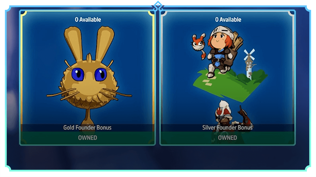 A golden rabbit-like creature with large blue eyes depicting the Gold Founder Bonus, and a character sitting on grass with a pet and a windmill in the background depicting the Silver Founder Bonus.