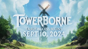 The image features a promotional graphic for the game Towerborne, announcing that early access begins on September 10, 2024. The visual is set in a lush, vibrant environment with green trees and a clear blue sky, adorned with fluffy white clouds. In the background, a tall, ancient-looking windmill stands prominently, with sunlight streaming through its blades, casting a warm glow. The game's title, Towerborne, is displayed in large, bold letters at the center, with the early access date written below in a slightly smaller font. The overall tone of the image is adventurous and inviting, suggesting a world full of exploration and discovery.