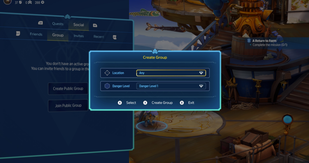 In-game interface showing the Create Group menu with options to select