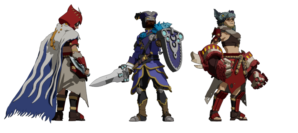 Three armored game characters in unique gear: one in a hooded cloak, one with a shield and sword, and one with fur-lined armor and gauntlets