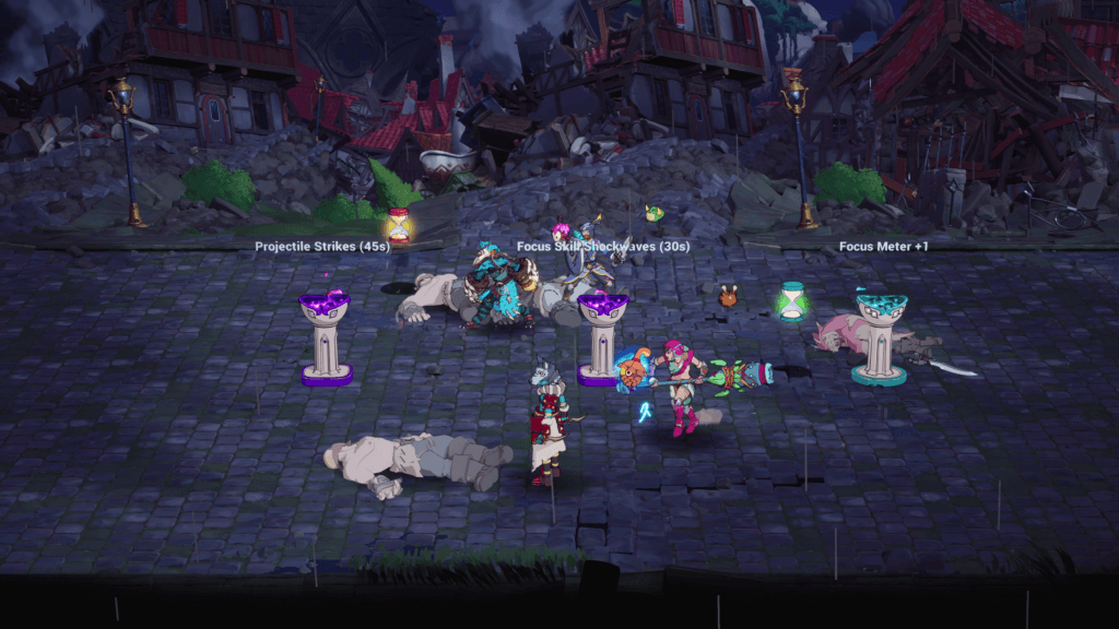 A group of adventurers stands near glowing pedestals offering buffs, surrounded by fallen enemies in a war-torn town.