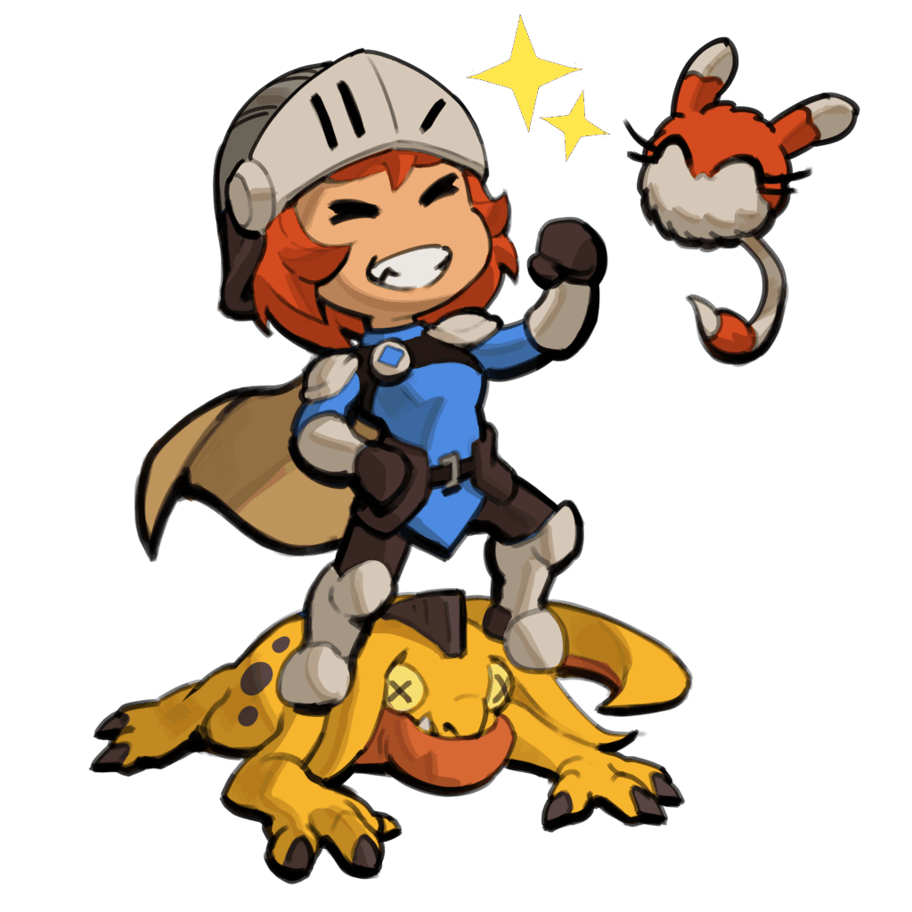 Cartoon knight celebrates victory with a small floating companion over a defeated monster.
