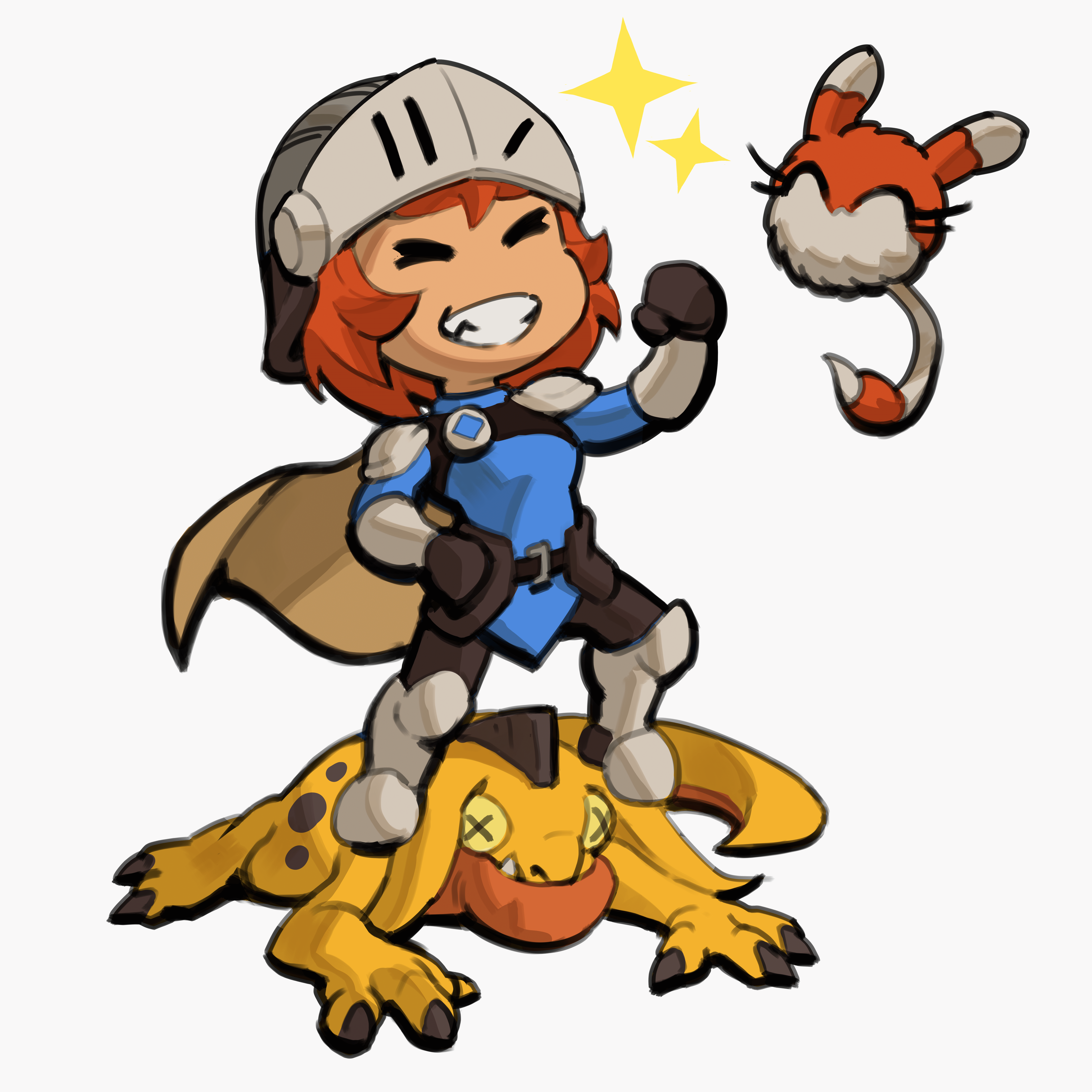 Cartoon knight celebrates victory with a small floating companion over a defeated monster.